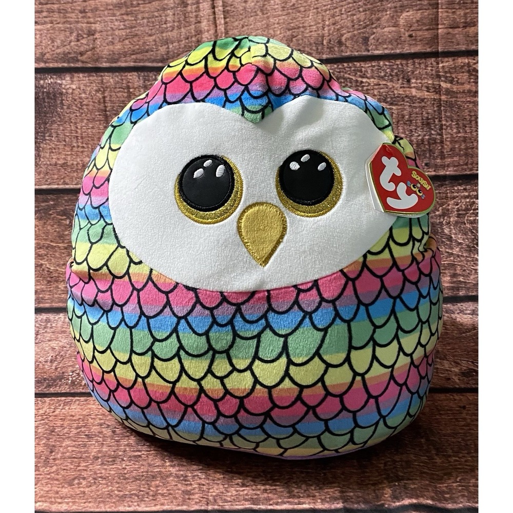 TY Squish-A-Boos 14 Inch Owen the Rainbow Owl Plush (2022) Birthday Sept. 12 NWT